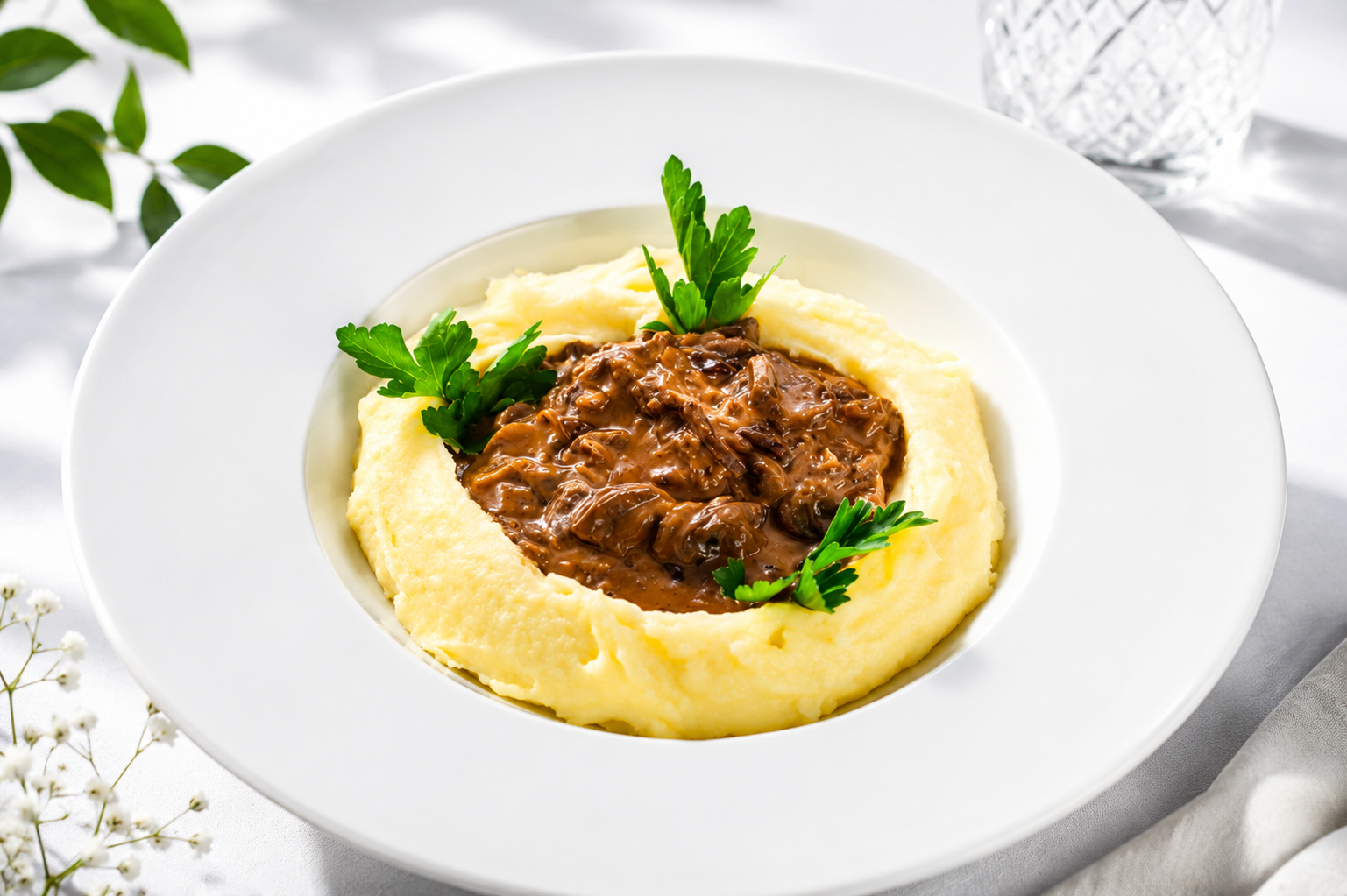 Бефстроганов из оленины с грибами и картофельным пюре